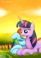 Size: 2480x3507 | Tagged: safe, artist:twidasher, imported from derpibooru, daring do, rainbow dash, twilight sparkle, pegasus, pony, unicorn, cloud, duo, eyes closed, female, grass, lesbian, prone, reading, sad, shipping, sky, tired, tree, twidash, unicorn twilight