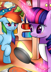 Size: 2480x3507 | Tagged: safe, artist:twidasher, imported from derpibooru, rainbow dash, twilight sparkle, pegasus, pony, unicorn, apron, bags under eyes, bed, bookshelf, clothes, cooking, duo, female, food, frying pan, golden oaks library, lesbian, looking at each other, magic, pancakes, raised hoof, shipping, sleepy, smiling, telekinesis, twidash