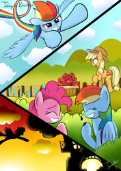 Size: 2480x3507 | Tagged: safe, artist:twidasher, imported from derpibooru, applejack, pinkie pie, rainbow dash, twilight sparkle, earth pony, pegasus, pony, apple, bush, cloud, cloudy, comic, cowboy hat, eyes closed, female, flying, food, golden oaks library, hat, lesbian, open mouth, prank, rainbow trail, raised hoof, shipping, smiling, sunset, tree, twidash