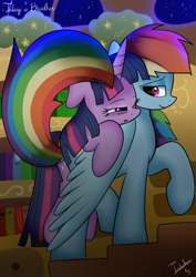 Size: 2480x3507 | Tagged: safe, artist:twidasher, imported from derpibooru, rainbow dash, twilight sparkle, pegasus, pony, unicorn, bookshelf, carrying, duo, female, golden oaks library, lesbian, lidded eyes, looking at you, night, open mouth, raised hoof, shipping, sleepy, smiling, stairs, tired, twidash