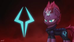 Size: 1024x576 | Tagged: safe, artist:php48, deleted from derpibooru, imported from derpibooru, tempest shadow, my little pony: the movie, angry, body, ear fluff, eye scar, fog, full body, glowing eyes, lightning, magic, red, scar, shine, smoke, solo, symbol, wallpaper