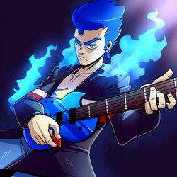 Size: 1920x1920 | Tagged: safe, artist:imskull, imported from derpibooru, flash sentry, equestria girls, bad guitar anatomy, clothes, electric guitar, fire, guitar, jacket, looking at you, male, musical instrument, serious, serious face, shirt, solo