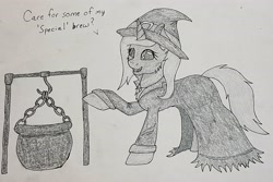 Size: 3976x2660 | Tagged: safe, artist:nightwind-arts, imported from derpibooru, oc, oc only, oc:last call, unicorn, cauldron, clothes, costume, halloween, halloween costume, hat, holiday, monochrome, nightmare night, nightmare night costume, sketch, solo, standing, traditional art, witch, witch hat