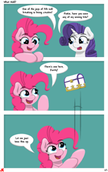 Size: 865x1375 | Tagged: safe, artist:ljdamz1119, imported from derpibooru, pinkie pie, rarity, pony, comic, dialogue, fourth wall destruction, simple background, speech bubble