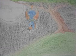 Size: 1564x1154 | Tagged: safe, imported from derpibooru, oc, oc only, oc:blue pixel, bat pony, hanging, looking at you, moon, solo, traditional art, tree, upside down