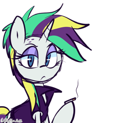 Size: 1280x1280 | Tagged: safe, artist:lilboulder, imported from derpibooru, rarity, pony, unicorn, alternate hairstyle, clothes, drugs, eyeshadow, female, looking at you, makeup, mare, marijuana, punk, raripunk, simple background, smoking, solo, white background