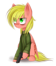 Size: 1600x1869 | Tagged: safe, artist:snowbunny0820, imported from derpibooru, oc, oc only, oc:finlay, pegasus, pony, clothes, cutie mark, eye clipping through hair, gun, hair over one eye, handgun, hooves, male, pistol, simple background, sitting, solo, stallion, weapon, white background, wings