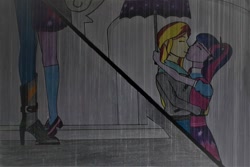 Size: 1024x683 | Tagged: safe, artist:morenagirl02, edit, imported from derpibooru, sci-twi, sunset shimmer, twilight sparkle, eqg summertime shorts, equestria girls, monday blues, clothes, female, kissing, lesbian, rain, scitwishimmer, shipping, shoes, sunsetsparkle, traditional art, umbrella