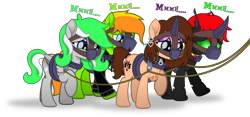 Size: 6401x3000 | Tagged: safe, artist:applec1234, artist:cyberapple456, imported from derpibooru, oc, oc only, oc:chloe adore, oc:crypto, oc:feather touch, oc:jax, pony, my little pony: the movie, bondage, bound together, collar, eyeshadow, gag, harness, horn cap, lead, magic suppression, makeup, muffled words, muzzle gag, purple eyeshadow, rope, simple background, slavery, tack, transparent background