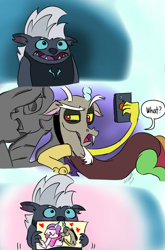 Size: 800x1214 | Tagged: safe, artist:emositecc, imported from derpibooru, discord, grubber, princess celestia, my little pony: the movie, cellphone, dislestia, female, grubber the shipper, male, petrification, phone, selfie, shipper on deck, shipping, smartphone, straight