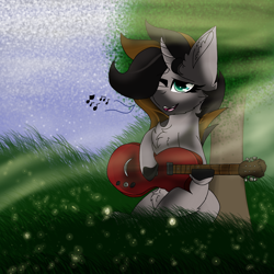 Size: 2560x2560 | Tagged: safe, artist:brokensilence, imported from derpibooru, oc, oc only, oc:emerald whiplash, unicorn, chest fluff, commission, ear fluff, grass, guitar, leonine tail, music notes, one eye closed, singing, sitting, solo, tree