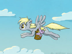 Size: 1030x766 | Tagged: safe, artist:el-yeguero, imported from derpibooru, derpy hooves, dinky hooves, pegasus, pony, unicorn, cloud, duo, female, filly, flying, mailbag, mare, mother and daughter