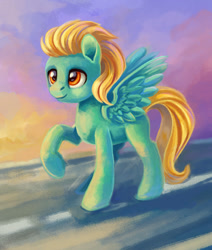 Size: 700x826 | Tagged: safe, artist:maytee, imported from derpibooru, lightning dust, pegasus, pony, female, mare, raised hoof, smiling, solo, spread wings, wings