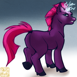 Size: 1000x1000 | Tagged: safe, artist:rattlesire, imported from derpibooru, tempest shadow, unicorn, my little pony: the movie, blank flank, broken horn, female, glowing horn, looking at you, looking back, mare, raised leg, solo