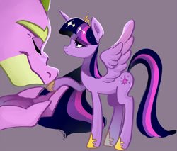 Size: 1176x1000 | Tagged: safe, artist:yam, imported from derpibooru, spike, twilight sparkle, alicorn, dragon, pony, crown, eyes closed, female, jewelry, male, mare, older, older spike, regalia, shipping, size difference, straight, twilight sparkle (alicorn), twispike