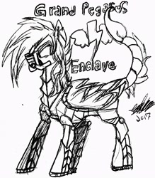 Size: 2592x2956 | Tagged: safe, artist:brainiac, imported from derpibooru, oc, oc only, oc:liftan drift, pegasus, pony, fallout equestria, armor, black and white, enclave, enclave armor, female, grand pegasus enclave, grayscale, inktober, inktober 2017, mare, monochrome, power armor, respirator, simple background, solo, traditional art, white background