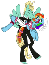 Size: 1700x2224 | Tagged: safe, artist:supra80, imported from derpibooru, rainbow dash, zephyr breeze, anthro, unguligrade anthro, bondage, bound wings, bridal carry, bridle, clothes, dress, female, forced shipping, gag, male, maledom, puckered lips, rainbond dash, rainbow dash always dresses in style, ribbon, shipping, simple background, straight, tack, tomboy taming, transparent background, tuxedo, wedding dress, zephdash