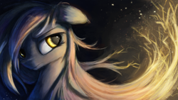 Size: 3840x2160 | Tagged: safe, artist:aurelleah, imported from derpibooru, oc, oc only, oc:totalspark, pony, bust, electricity, embers, female, frown, lightning, looking away, mare, not derpy, painting, simple background, solo, sparks, traditional art, wallpaper