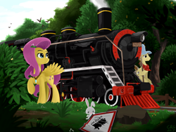 Size: 2048x1536 | Tagged: safe, artist:qzygugu, imported from derpibooru, angel bunny, fluttershy, steamer, pegasus, pony, female, forest, looking back, male, mare, raised hoof, sign, smiling, stallion, train, tree