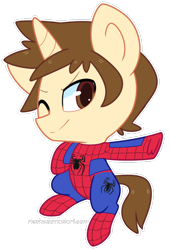 Size: 534x790 | Tagged: safe, artist:riouku, imported from derpibooru, pony, chibi, crossover, marvel, one eye closed, parent:peter parker, ponified, simple background, smiling, solo, spider-man, transparent background, wink