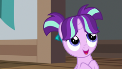 Size: 1280x720 | Tagged: safe, imported from derpibooru, screencap, starlight glimmer, pony, unicorn, uncommon bond, cute, female, filly, filly starlight glimmer, glimmerbetes, open mouth, pigtails, smiling, solo, younger