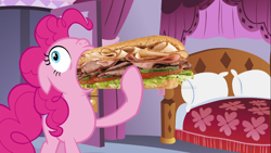 Size: 1366x768 | Tagged: safe, edit, edited screencap, imported from derpibooru, screencap, pinkie pie, canterlot boutique, crazy eyes, food, ponies eating meat, swallowing