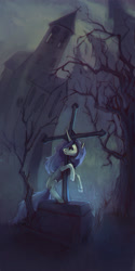 Size: 1000x1999 | Tagged: safe, artist:dearmary, imported from derpibooru, oc, oc only, oc:gloomy, pony, unicorn, blank flank, building, church, cross, dead tree, gravestone, solo, tree