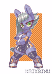 Size: 2064x3000 | Tagged: safe, artist:kaikoinu, imported from derpibooru, limestone pie, pony, bipedal, clothes, converse, crossed arms, female, latex, looking at you, mare, shoes, simple background, solo, standing, white background, wrestler