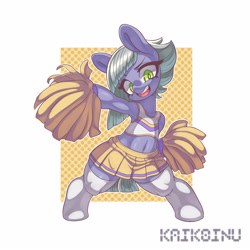 Size: 3000x3000 | Tagged: safe, artist:kaikoinu, imported from derpibooru, limestone pie, earth pony, pony, armpits, belly button, bipedal, cheerleader, cheerleader outfit, clothes, female, mare, pom pom, simple background, smiling, solo, sports bra, sports skirt, white background