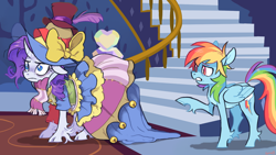 Size: 1280x723 | Tagged: safe, artist:xenon, imported from derpibooru, rainbow dash, rarity, pegasus, pony, unicorn, fame and misfortune, cloven hooves, curved horn, duo, female, folded wings, mare, scene interpretation, staircase, stress couture, twilight's castle, unshorn fetlocks