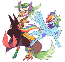 Size: 1280x1226 | Tagged: safe, artist:xenon, imported from derpibooru, captain celaeno, rainbow dash, anthro, parrot pirates, pegasus, pony, my little pony: the movie, amputee, anthro with ponies, bipedal, celaenodash, duo, ear piercing, female, flying, hat, looking at each other, mare, peg leg, piercing, pirate, prosthetic leg, prosthetic limb, prosthetics, simple background, smiling, spread wings, transparent background, unshorn fetlocks, wings