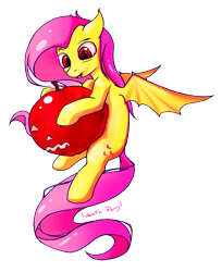 Size: 1471x1801 | Tagged: safe, artist:1deathpony1, imported from derpibooru, fluttershy, bat pony, pony, apple, female, flutterbat, food, mare, race swap, simple background, smiling, solo, transparent background