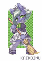 Size: 2064x3000 | Tagged: safe, artist:kaikoinu, imported from derpibooru, limestone pie, earth pony, pony, bipedal, broom, clothes, female, maid, mare, simple background, solo, white background