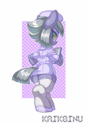 Size: 2064x3000 | Tagged: safe, artist:kaikoinu, imported from derpibooru, limestone pie, earth pony, pony, bipedal, clipboard, female, looking back, mare, nurse, nurse outfit, simple background, solo, white background