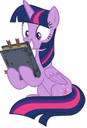 Size: 1435x2100 | Tagged: safe, artist:sonofaskywalker, imported from derpibooru, twilight sparkle, alicorn, pony, shadow play, book, excited, female, mare, simple background, starswirl's book, that pony sure does love books, transparent background, twilight sparkle (alicorn), vector