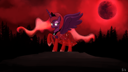 Size: 1600x900 | Tagged: safe, artist:egstudios93, imported from derpibooru, princess luna, alicorn, pony, blood moon, clothes, dress, female, halloween, holiday, mare, moon, see-through, solo, spread wings, wings