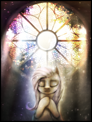 Size: 870x1150 | Tagged: safe, artist:ventious, imported from derpibooru, fluttershy, pegasus, pony, backlighting, crepuscular rays, dark, eyes closed, female, kindness, sad, seven heavenly virtues, solo, stained glass