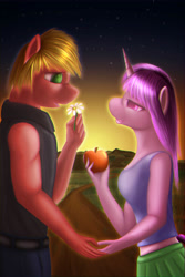 Size: 4668x7000 | Tagged: safe, artist:bluenight01, imported from derpibooru, big macintosh, sugar belle, anthro, earth pony, unicorn, hard to say anything, absurd resolution, apple, female, flower, food, male, mare, shipping, stallion, straight, sugarmac