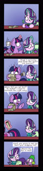 Size: 1303x5178 | Tagged: safe, artist:bobthedalek, imported from derpibooru, spike, starlight glimmer, twilight sparkle, alicorn, dragon, pony, unicorn, shadow play, clothes, comic, female, magic, magic aura, male, mare, mug, purse, saddle bag, scarf, twilight sparkle (alicorn)