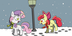 Size: 1600x817 | Tagged: safe, artist:projectfirelights, imported from derpibooru, apple bloom, sweetie belle, clothes, lamp post, lamppost, scarf, snow, snowfall