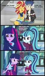 Size: 1316x2226 | Tagged: safe, artist:themexicanpunisher, imported from derpibooru, flash sentry, sonata dusk, sunset shimmer, twilight sparkle, equestria girls, comic, female, flashimmer, lesbian, male, shipping, straight, twinata