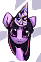 Size: 526x787 | Tagged: safe, artist:limchph2, imported from derpibooru, twilight sparkle, pony, abstract background, bust, female, happy birthday, hat, mare, party hat, portrait, solo