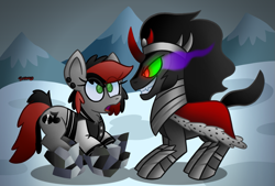 Size: 1135x765 | Tagged: safe, artist:snakeythingy, imported from derpibooru, king sombra, oc, oc:dj charge, canon x oc, crystal, crystal empire, looking at each other, snow, sombra eyes, story included, trade, trapped