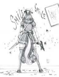 Size: 1100x1423 | Tagged: safe, artist:baron engel, imported from derpibooru, bon bon, sweetie drops, anthro, earth pony, unguligrade anthro, beretta 93r, clothes, dagger, female, grayscale, gun, maid, mare, monochrome, pencil drawing, rear view, secret agent sweetie drops, simple background, sketch, solo, tail, tail hole, traditional art, trigger discipline, weapon, white background