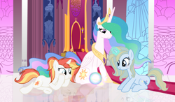 Size: 5413x3159 | Tagged: safe, artist:velveagicsentryyt, imported from derpibooru, princess celestia, oc, oc:beautiful magic, oc:shine brine, alicorn, pony, unicorn, canterlot throne room, ethereal mane, female, high res, magic, mare, offspring, orb, parent:fire streak, parent:prince blueblood, parent:sunset shimmer, parent:trixie, parents:bluetrix, parents:sunsetstreak