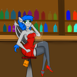 Size: 1280x1280 | Tagged: safe, artist:thiefdsaara1, artist:thomas tesla, imported from derpibooru, oc, oc only, oc:countess, anthro, bat pony, alcohol, armpits, bar, bat pony oc, breasts, cleavage, clothes, cocktail dress, drink, female, gilf, high heels, milf, older, shoes, socks, solo, stockings, thigh highs, watermark