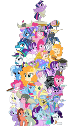 Size: 4134x7087 | Tagged: safe, artist:sonofaskywalker, imported from derpibooru, applejack, bow hothoof, dear darling, doctor fauna, dragon lord torch, flare (character), flash magnus, fluttershy, fond feather, greenblight, lily lace, maud pie, pear butter, pinkie pie, princess ember, princess flurry heart, rainbow dash, rarity, raspberry vinaigrette, spike, star swirl the bearded, starlight glimmer, sweetie belle, swoon song, trixie, twilight sparkle, windy whistles, alicorn, dragon, earth pony, pegasus, pony, unicorn, a royal problem, it isn't the mane thing about you, once upon a zeppelin, season 7, secrets and pies, shadow play, the perfect pear, absurd resolution, alternate hairstyle, ballerina, bimbettes, dragon lord ember, female, graduation cap, hat, mane six, mare, pony pile, punk, raripunk, simple background, tower of pony, transparent background, tutu, twilarina, twilight sparkle (alicorn), vector