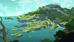 Size: 1920x1080 | Tagged: safe, imported from derpibooru, screencap, shadow play, archaeology, background, boat, coast, mountain, no pony, rockhoof's village, ruins, scenery, tree