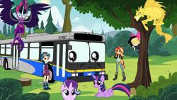 Size: 1024x577 | Tagged: safe, derpibooru exclusive, imported from derpibooru, adagio dazzle, indigo zap, sci-twi, songbird serenade, starlight glimmer, sunset shimmer, twilight sparkle, oc, oc:dwayne the bus, alicorn, siren, equestria girls, my little pony: the movie, bus, forest, midnight sparkle, new flyer d40lf, self insert, talking vehicle, twilight sparkle (alicorn)