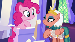 Size: 1920x1080 | Tagged: safe, imported from derpibooru, screencap, pinkie pie, somnambula, earth pony, pegasus, pony, shadow play, eye contact, female, friendship throne, looking at each other, mare, pinkambula, smiling, throne, twilight's castle